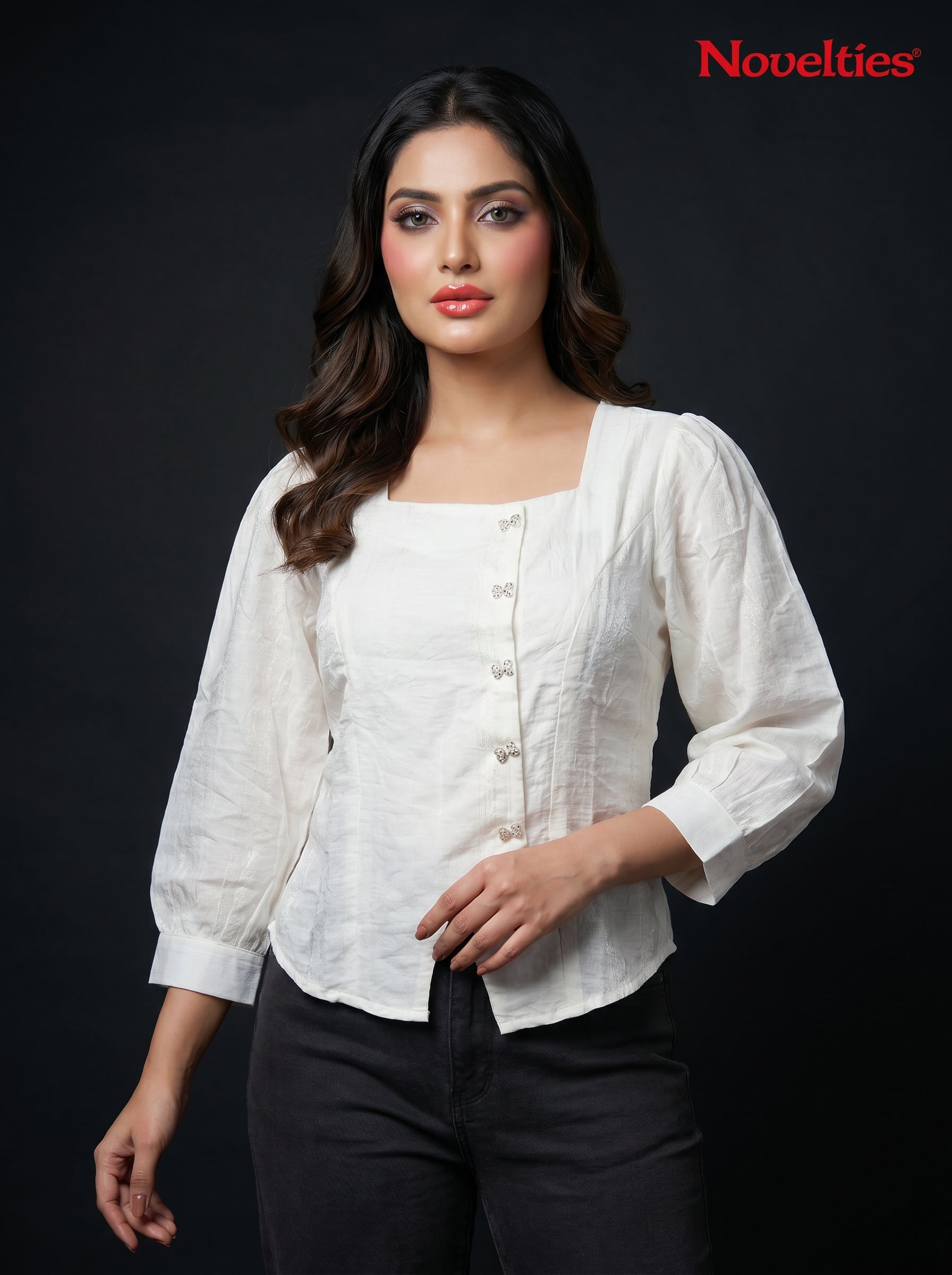 Jacquard Square Neck Top with Jewel Buttons
