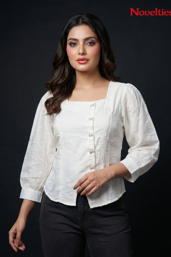 Jacquard Square Neck Top with Jewel Buttons