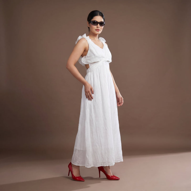 White Ruffle Back Maxi Dress