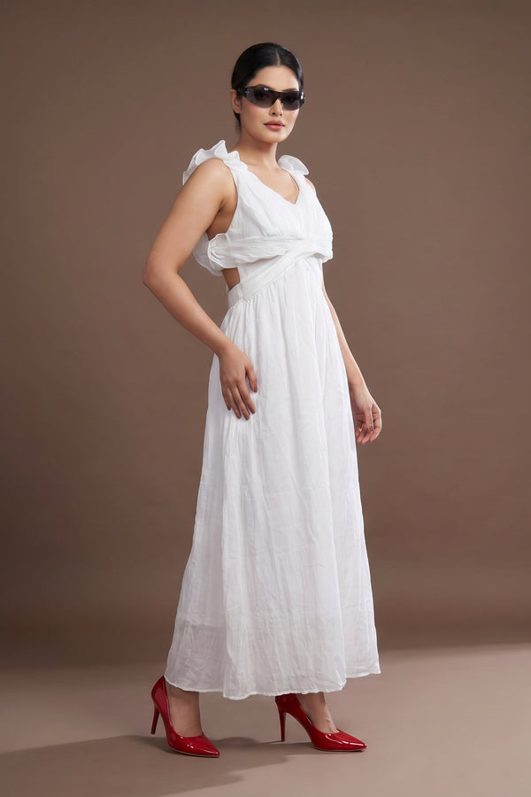 White Ruffle Back Maxi Dress