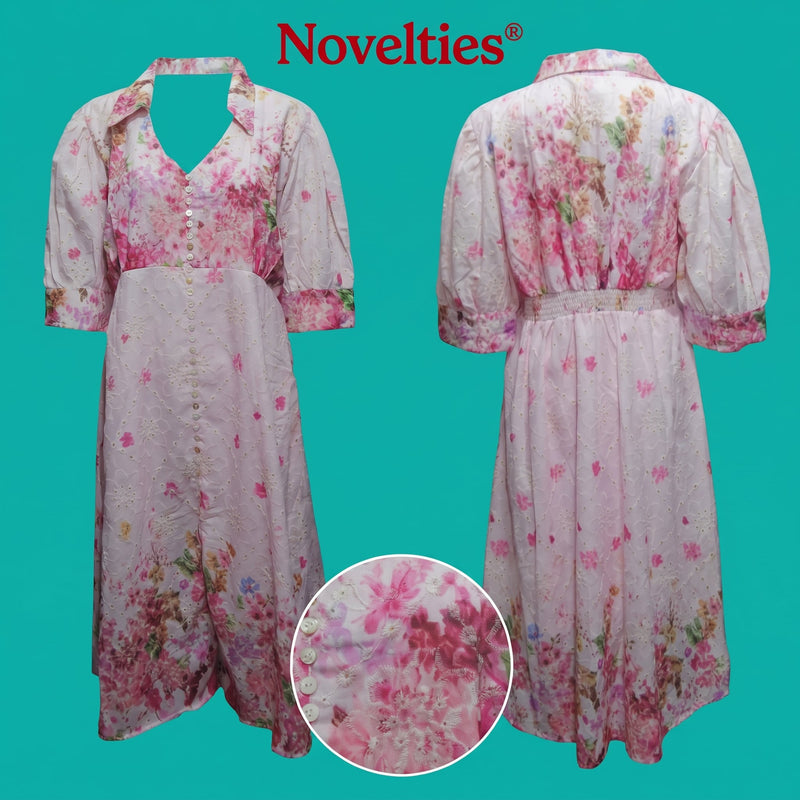 Pink Floral Print Puff Sleeve Button-Down Midi Dress