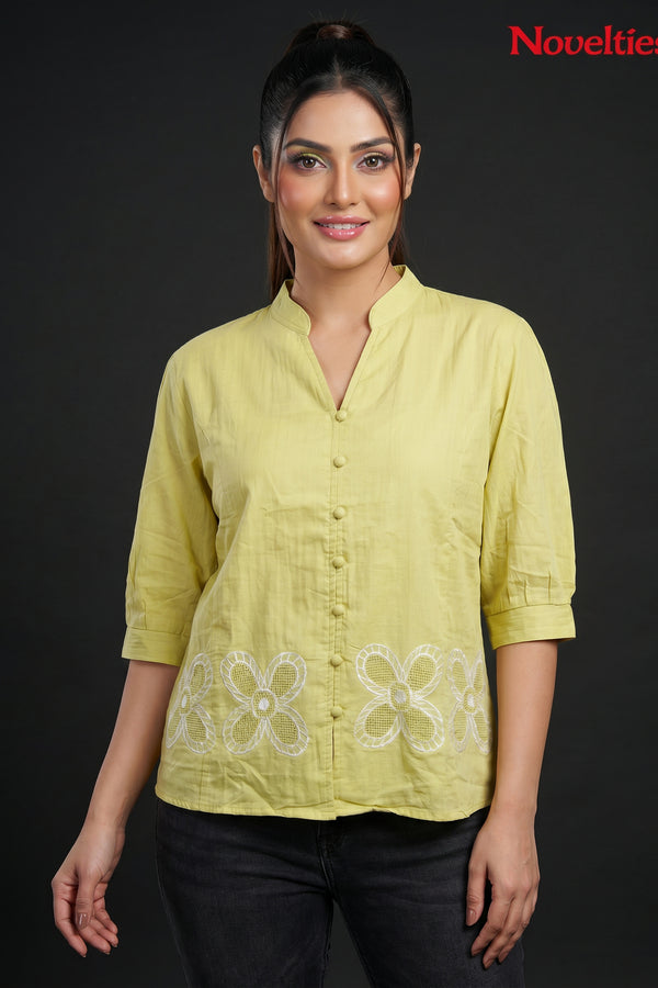 Cutwork Floral Hem Mandarin Collar Shirt