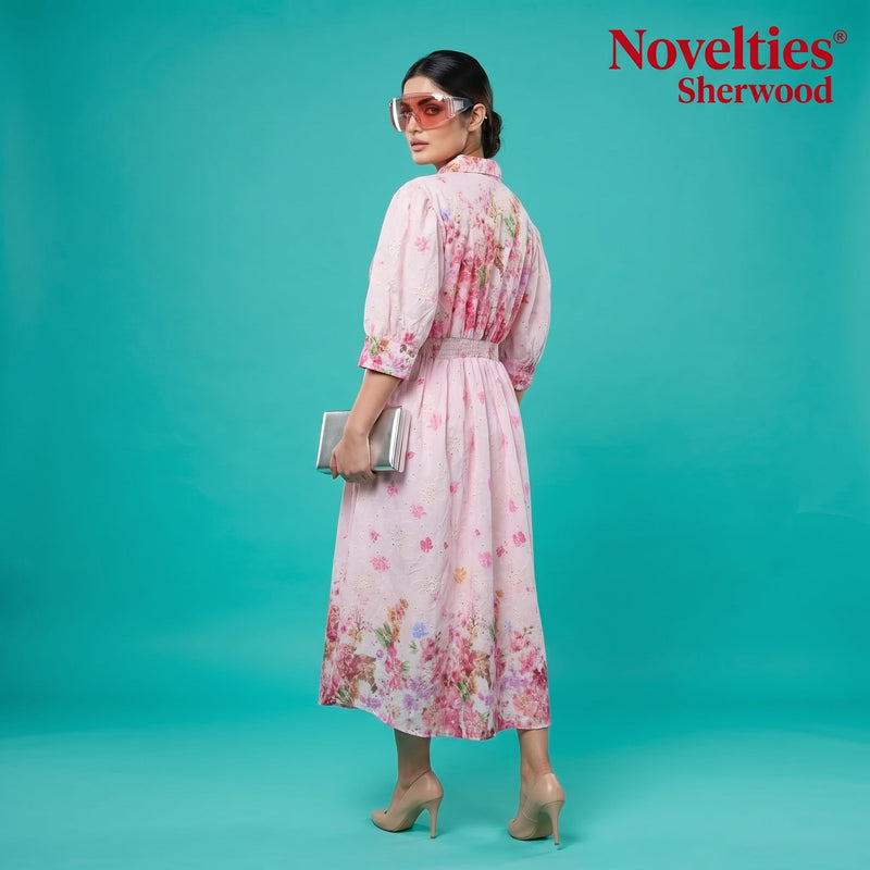 Pink Floral Print Puff Sleeve Button-Down Midi Dress