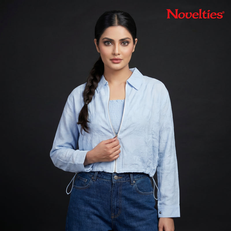 Sky Blue Textured Zip-Front Crop Jacket & Smocked Tube Top Co-ord Set
