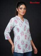 Floral Bouquet Print Mandarin Neck Tunic Top