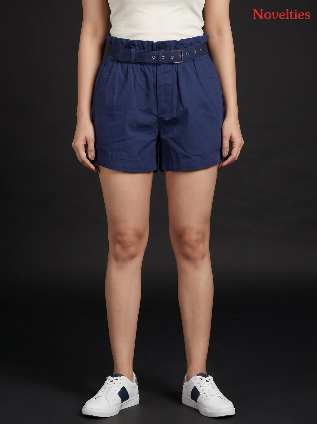 Navy Blue Belted Paperbag Shorts