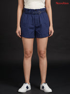 Navy Blue Belted Paperbag Shorts