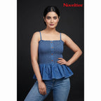 Jeans-Oberteil mit Smok und Knopfleiste im Peplum-Stil