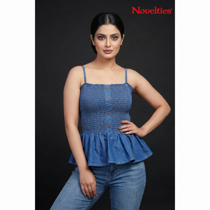 Denim Smocked Button-Front Peplum Top
