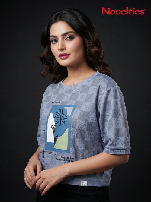 Checkered Jacquard Botanical Graphic Crop Tee