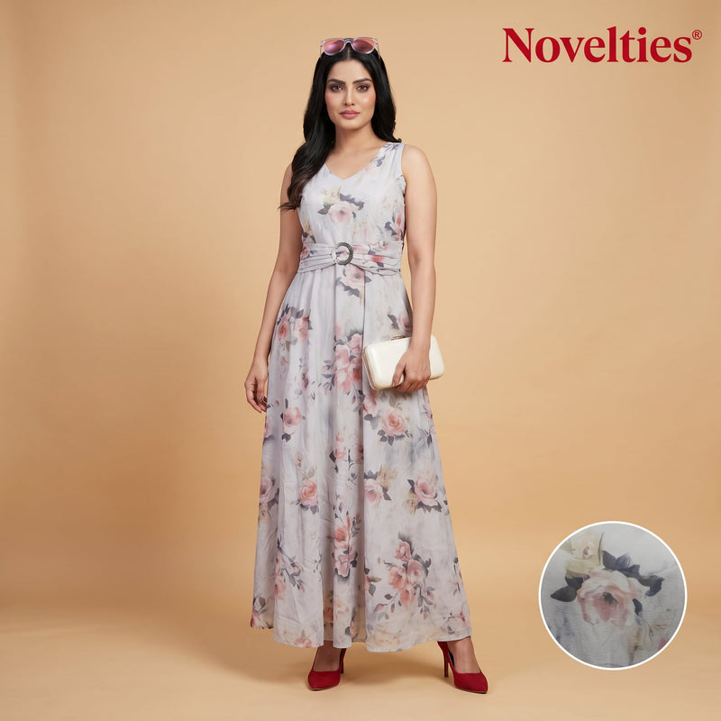 Grey Rose Print Cotton Maxi Gown with Embellished Belt