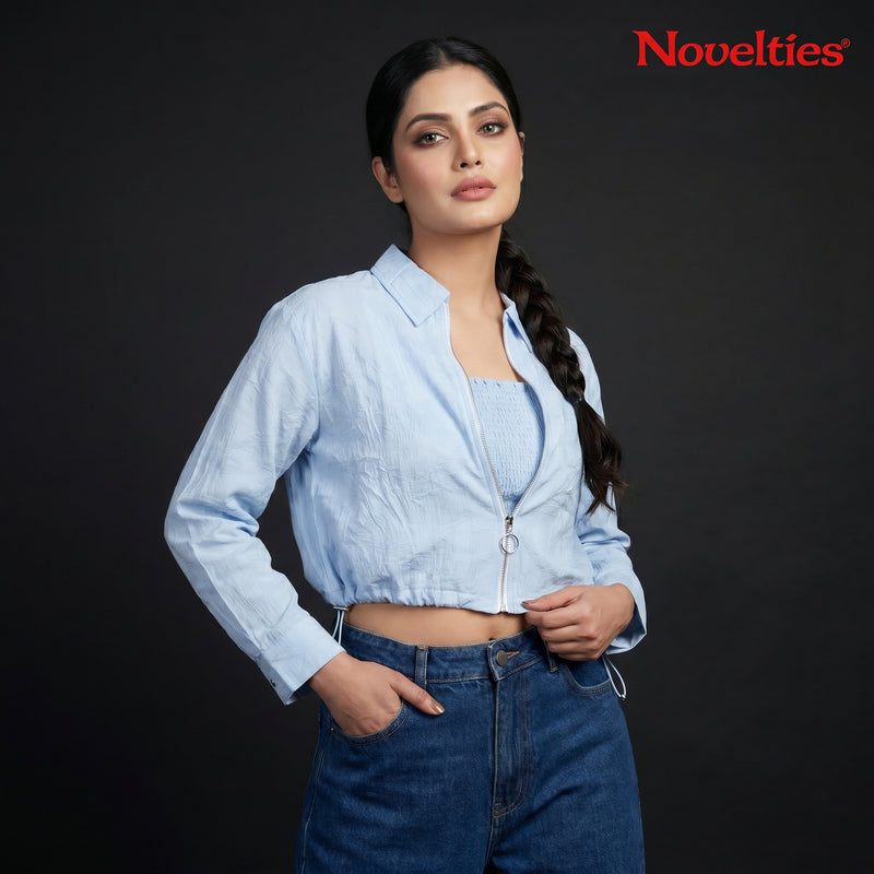Sky Blue Textured Zip-Front Crop Jacket & Smocked Tube Top Co-ord Set
