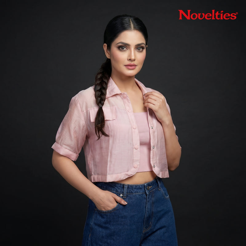 Blush Pink Button-Front Crop Shirt & Smocked Tube Top Co-ord Set
