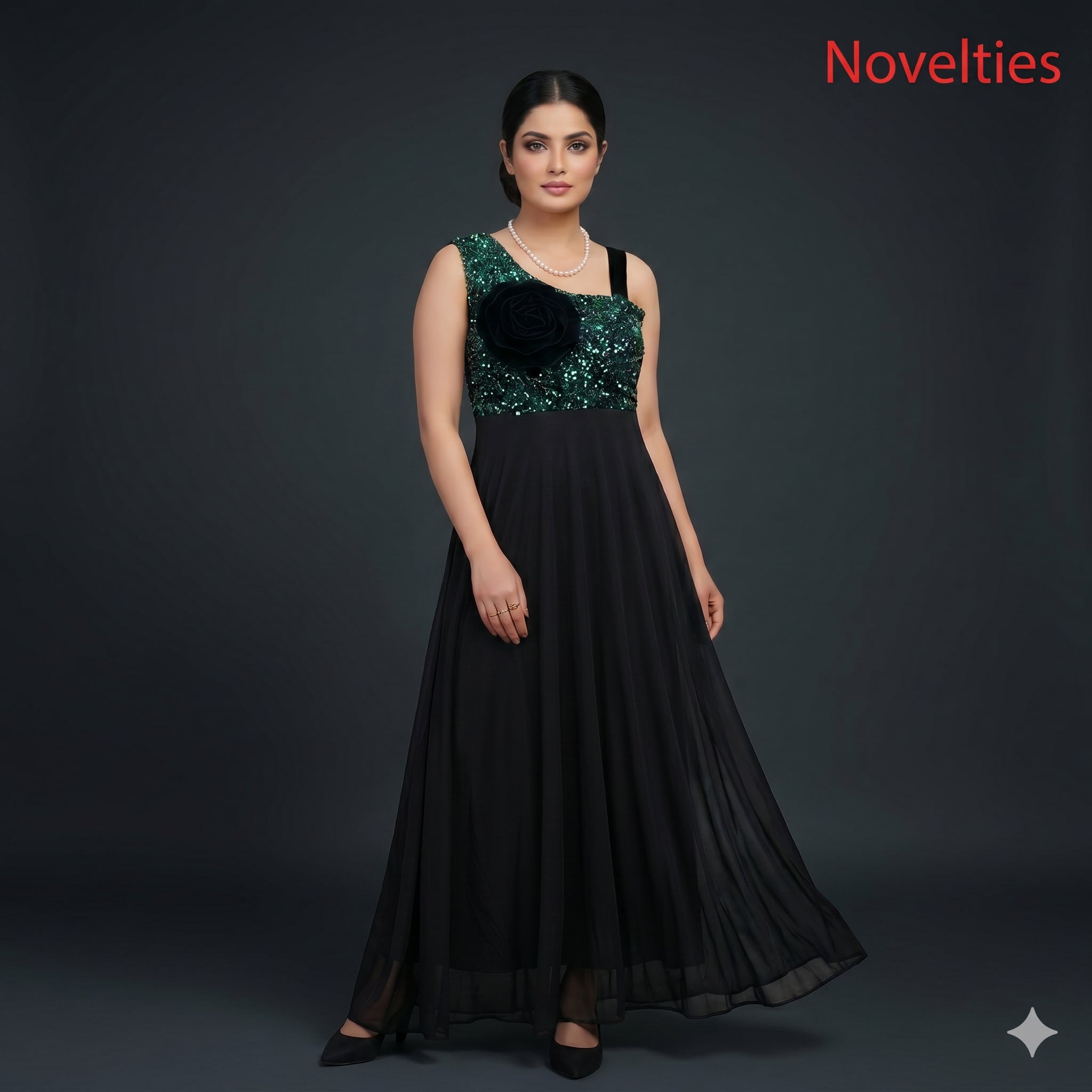 Maxikleid Smaragd-Pailletten & Schwarzer Chiffon mit ausgestelltem Rock und Samtrosette