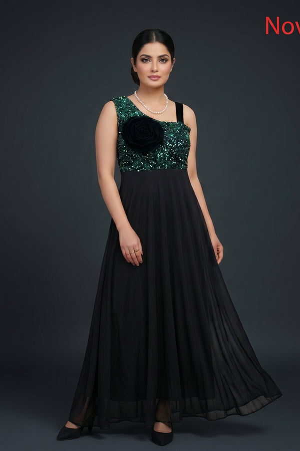 Emerald Sequin & Black Chiffon Flared Maxi Gown with Velvet Rosette