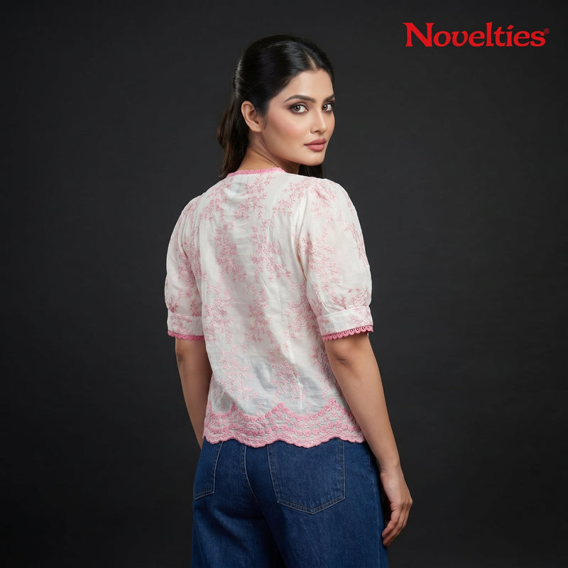White Pink Chikankari Embroidered Puff Sleeve Top