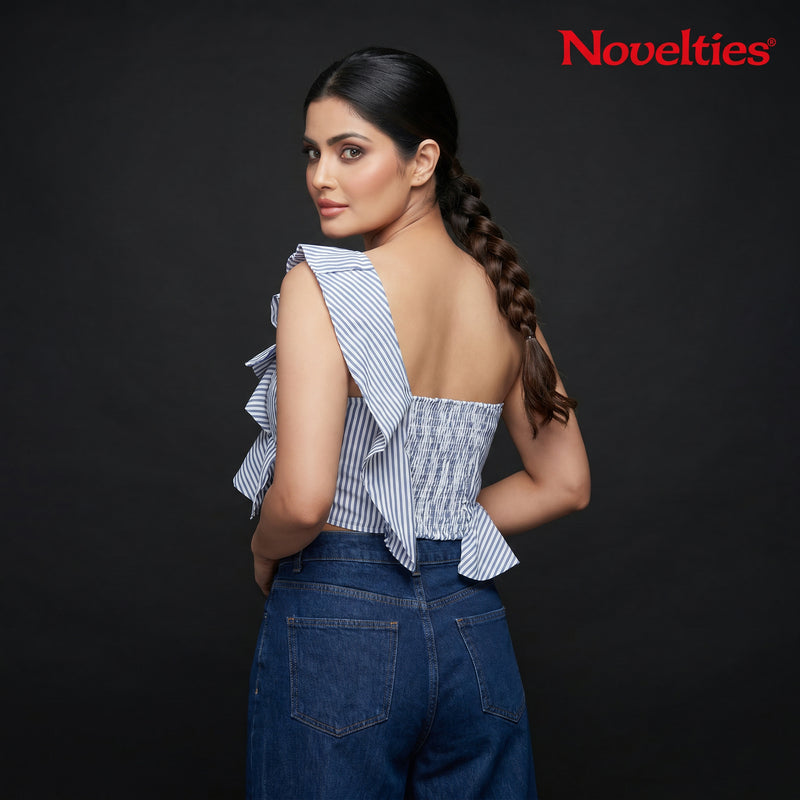 Blue & White Striped One-Shoulder Ruffle Crop Top