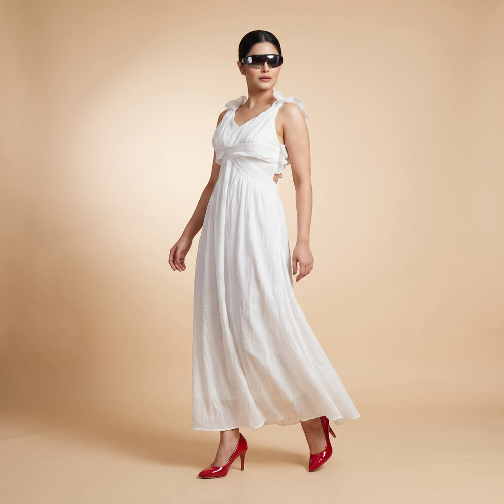 White Ruffle Back Maxi Dress