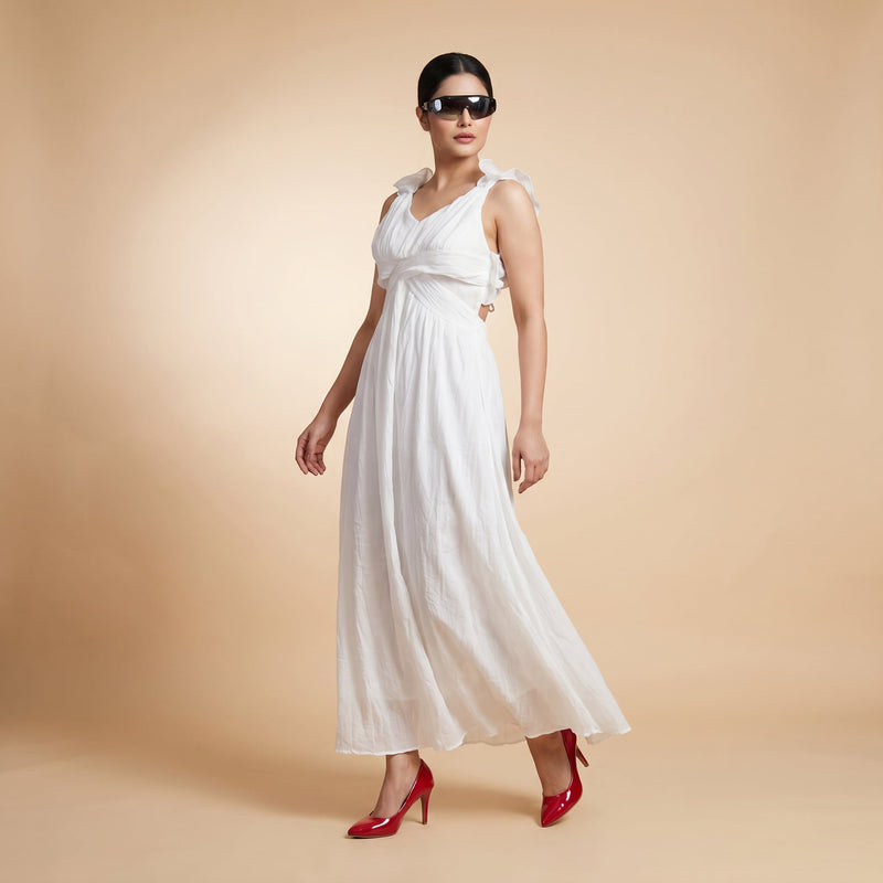 White Ruffle Back Maxi Dress