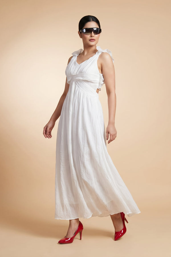 White Ruffle Back Maxi Dress