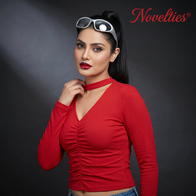 Choker Neck Ruched Full Sleeve Crop Top
