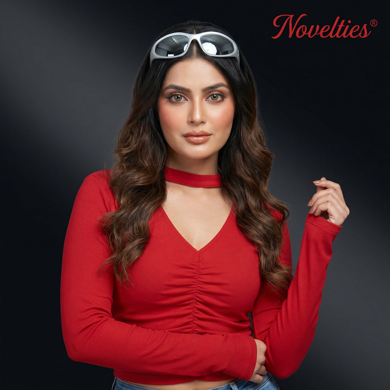 Choker Neck Ruched Full Sleeve Crop Top