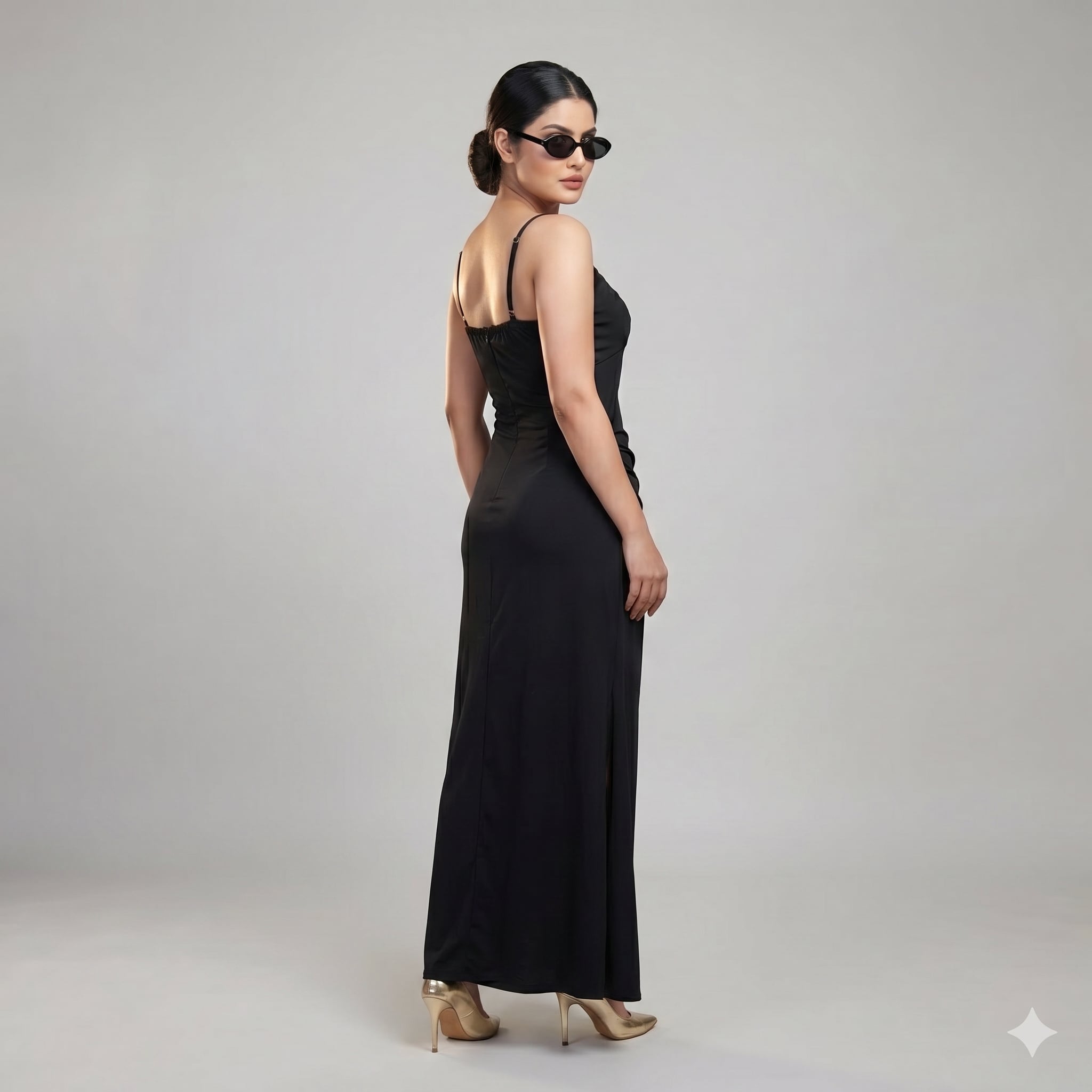 Black Double Strap Ruched Maxi Dress