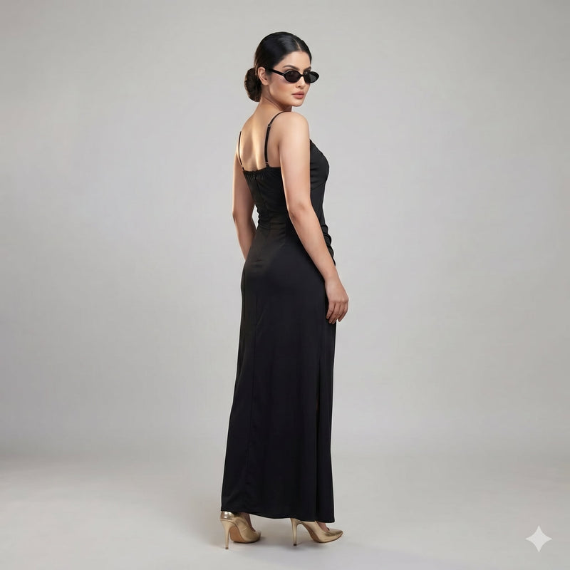 Black Double Strap Ruched Maxi Dress