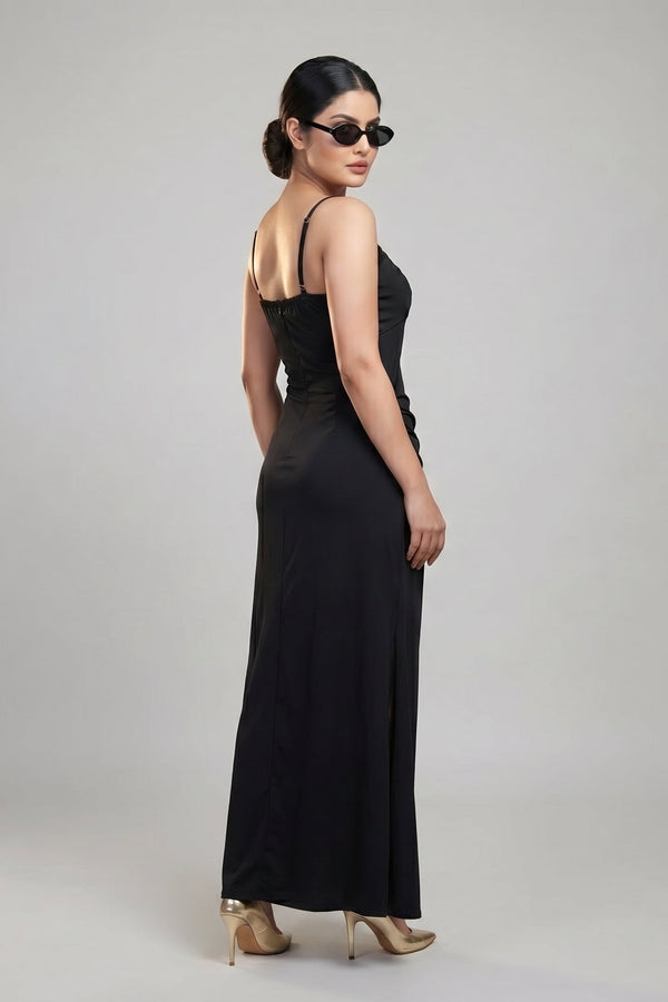 Black Double Strap Ruched Maxi Dress