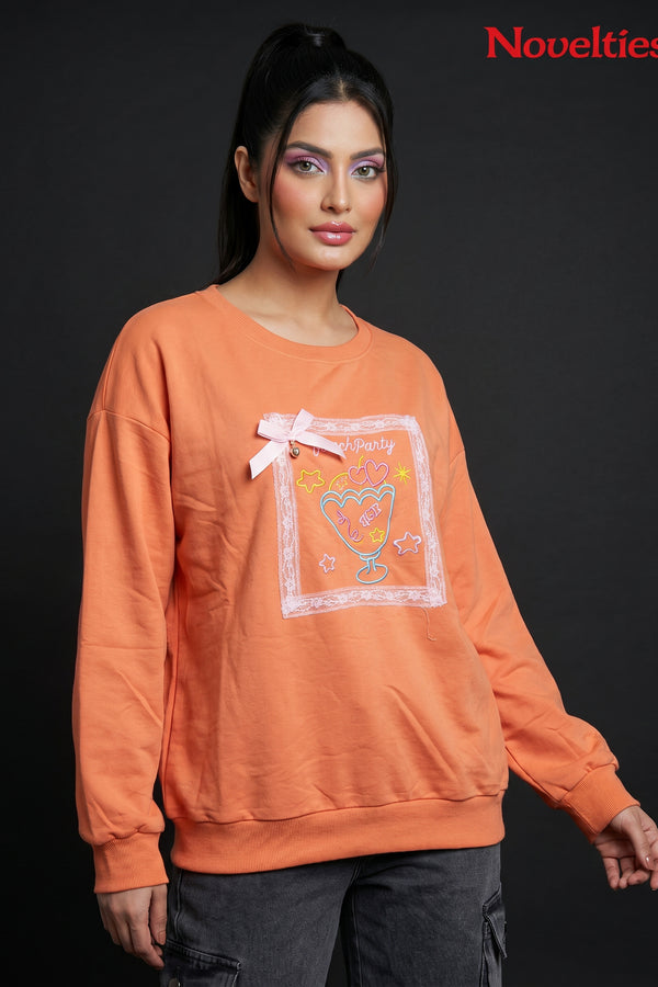 Coral Peach Graphic Bow Sweatshirt