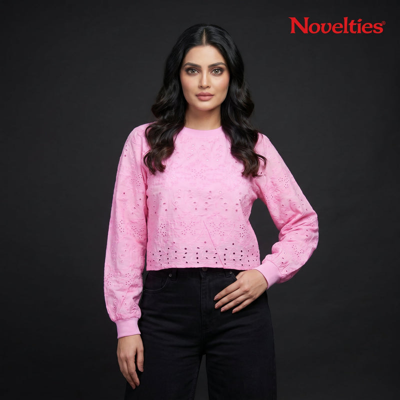 Pink Schiffli Eyelet Embroidered Puff Sleeve Crop Top