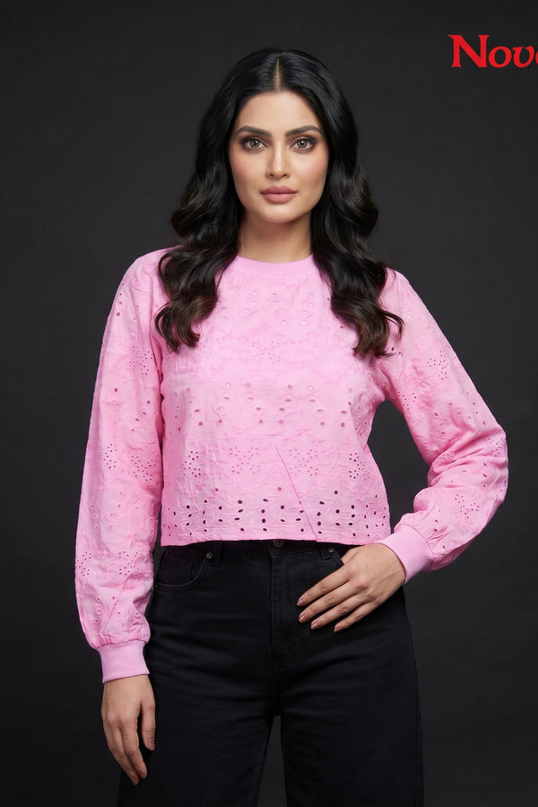 Pink Schiffli Eyelet Embroidered Puff Sleeve Crop Top