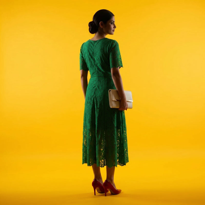 Emerald Green Floral Lace Midi Dress