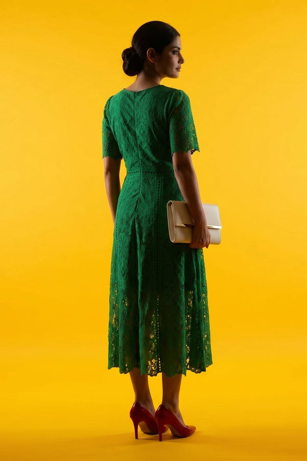 Emerald Green Floral Lace Midi Dress