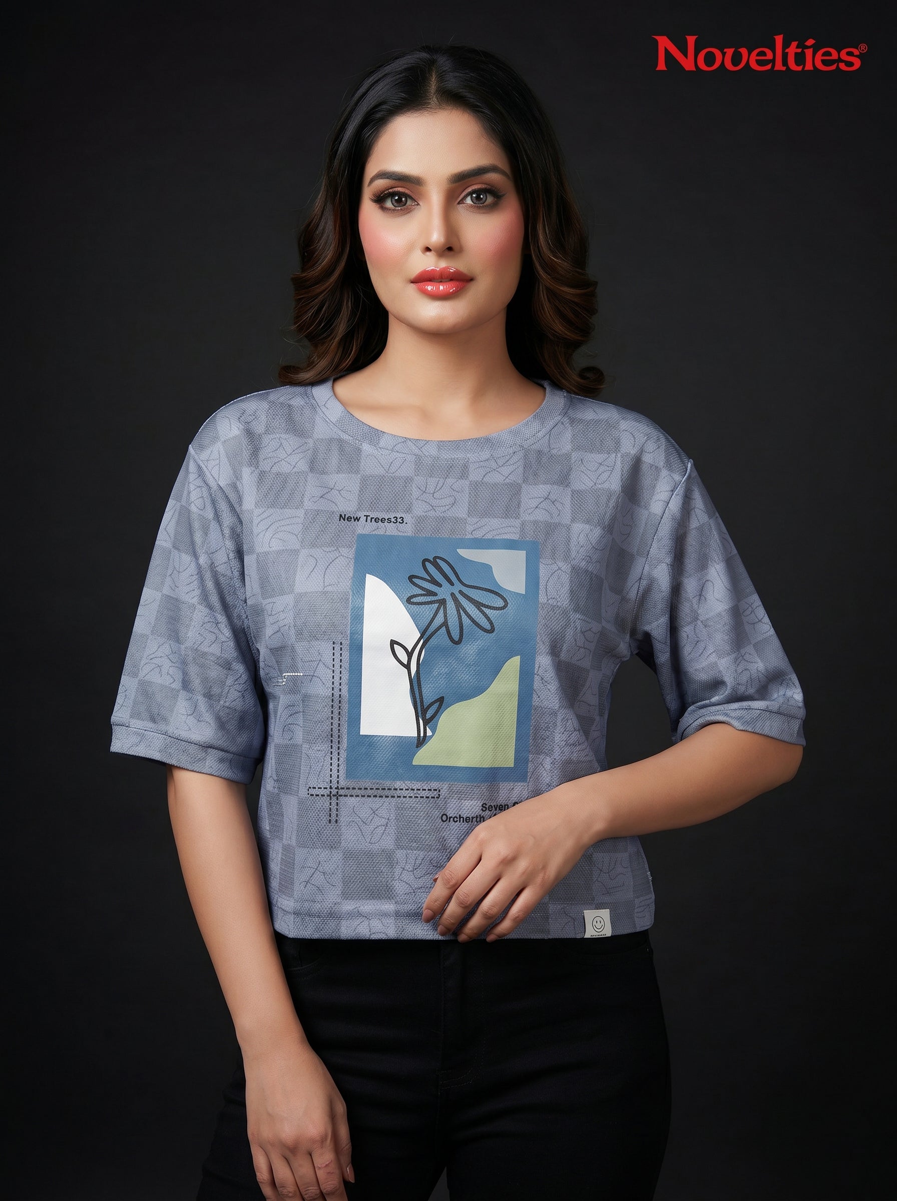 Checkered Jacquard Botanical Graphic Crop Tee