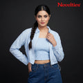 Sky Blue Textured Zip-Front Crop Jacket & Smocked Tube Top Co-ord Set