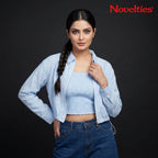 Sky Blue Textured Zip-Front Crop Jacket & Smocked Tube Top Co-ord Set
