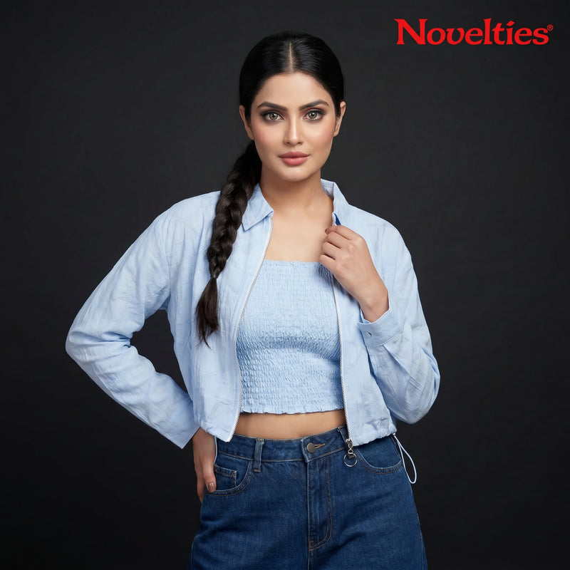 Sky Blue Textured Zip-Front Crop Jacket & Smocked Tube Top Co-ord Set