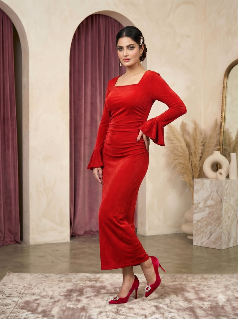 Magenta Bell-Sleeve Bodycon Midi Dress