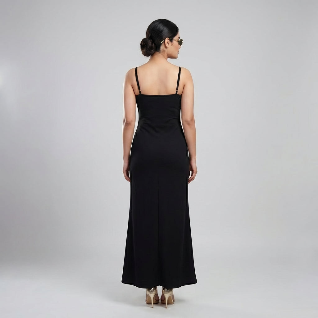 Black Double Strap Ruched Maxi Dress