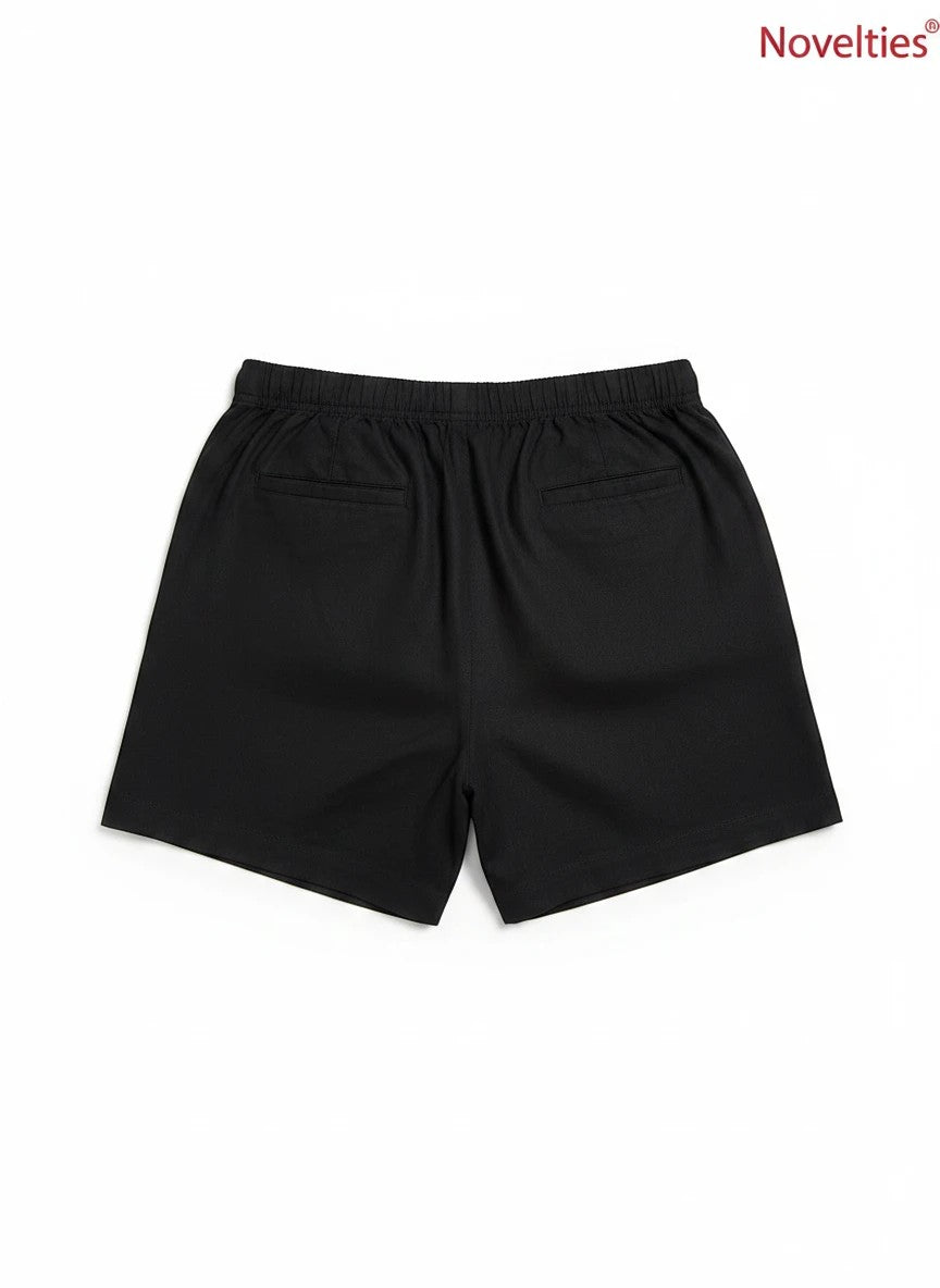 Novelties® black casual shorts with an elastic waistband and back pockets, perfect for comfortable everyday wear.