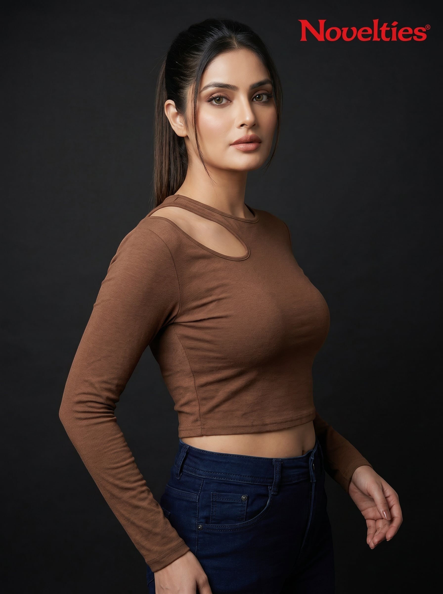 Model wearing a brown Novelties® ribbed long sleeve cropped top with an asymmetric shoulder cutout.