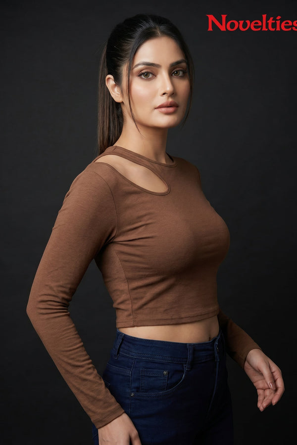 Ribbed Shoulder Cutout Crew Neck Cropped Long Sleeve Top
