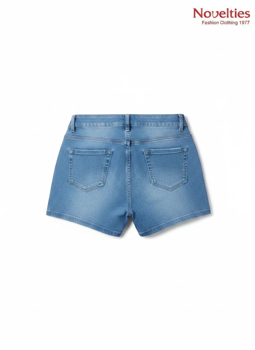 Back view of Novelties® high rise blue denim shorts with functional pockets and stretch fabric.