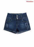 Novelties® high-waisted dark wash denim shorts with a multi-button closure, frayed hem, and distressed detailing.