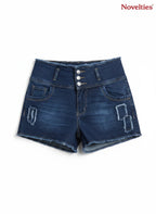 Novelties® high-waisted dark wash denim shorts with a multi-button closure, frayed hem, and distressed detailing.