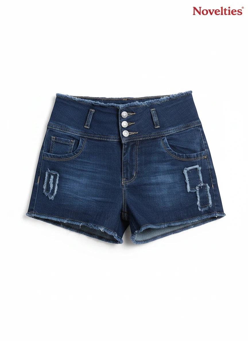 Novelties® high-waisted dark wash denim shorts with a multi-button closure, frayed hem, and distressed detailing.