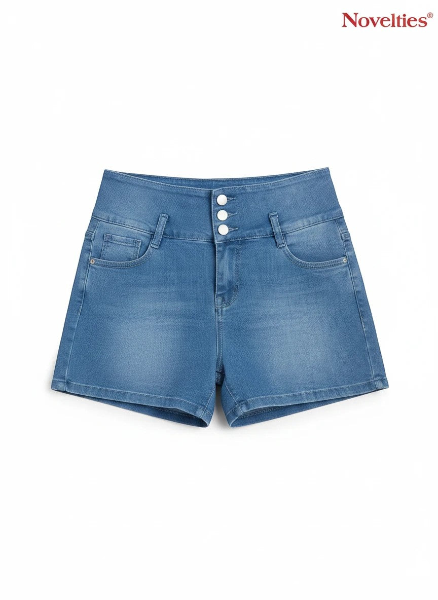 Novelties® light blue high-waist denim hot shorts with a triple-button front closure and classic washed finish.