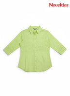 Novelties® lime green button-down shirt with floral schiffli embroidery on the bodice and three-quarter sleeves.
