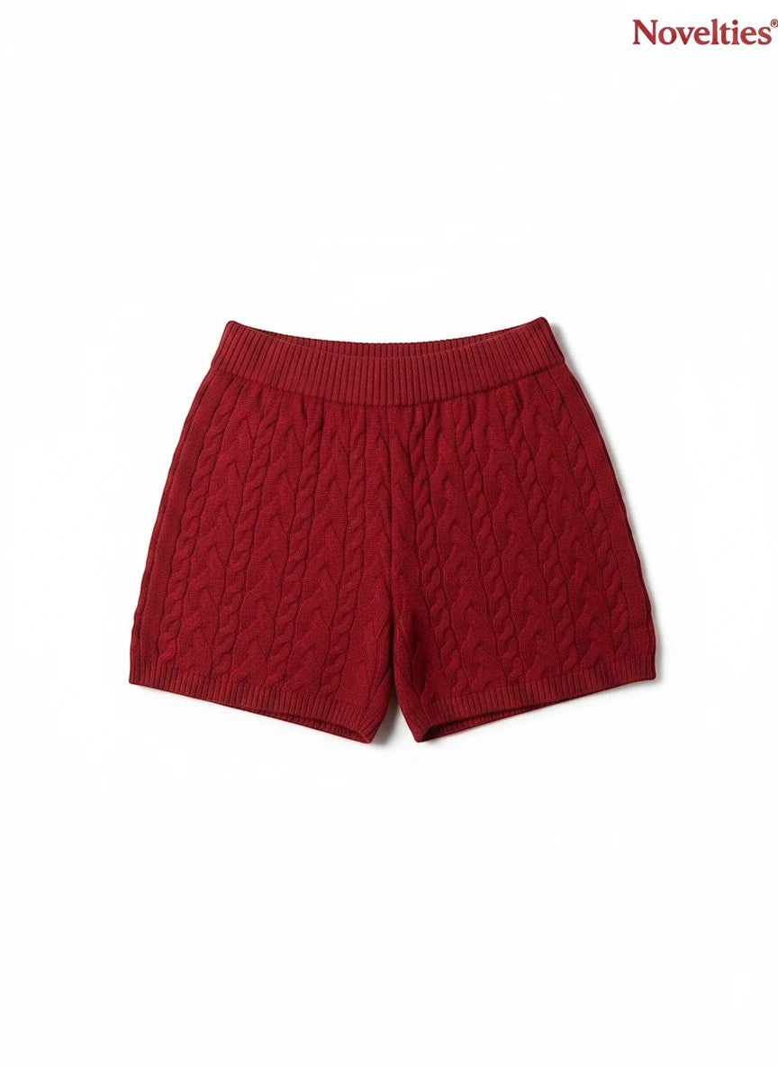Novelties® maroon cable-knit shorts with an elasticated waistband and ribbed hem for a cozy loungewear style.